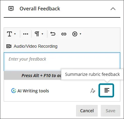 A feedback input box titled “Overall Feedback” with formatting options, an audio/video recording button, an “AI Writing tools” section, and a highlighted button with a tooltip saying “Summarize rubric feedback.”.