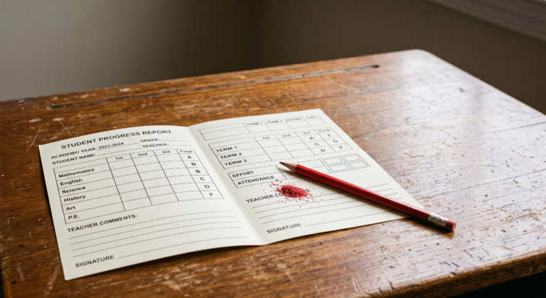 An open student progress report lies on a wooden desk with a red pencil and eraser shavings scattered on the paper. Sunlight comes through a nearby window, creating a calm, studious atmosphere.